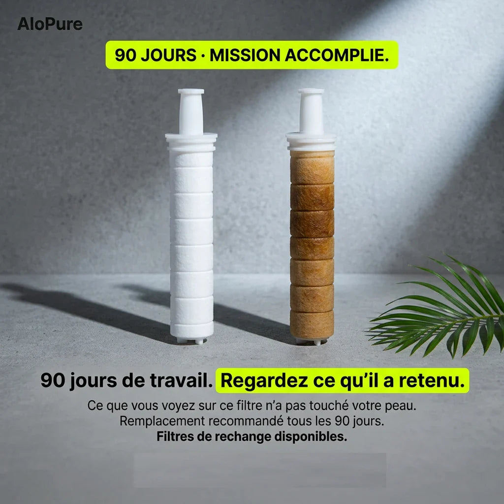 Cartouche de filtration Alopure en détail — charbon actif et billes céramiques